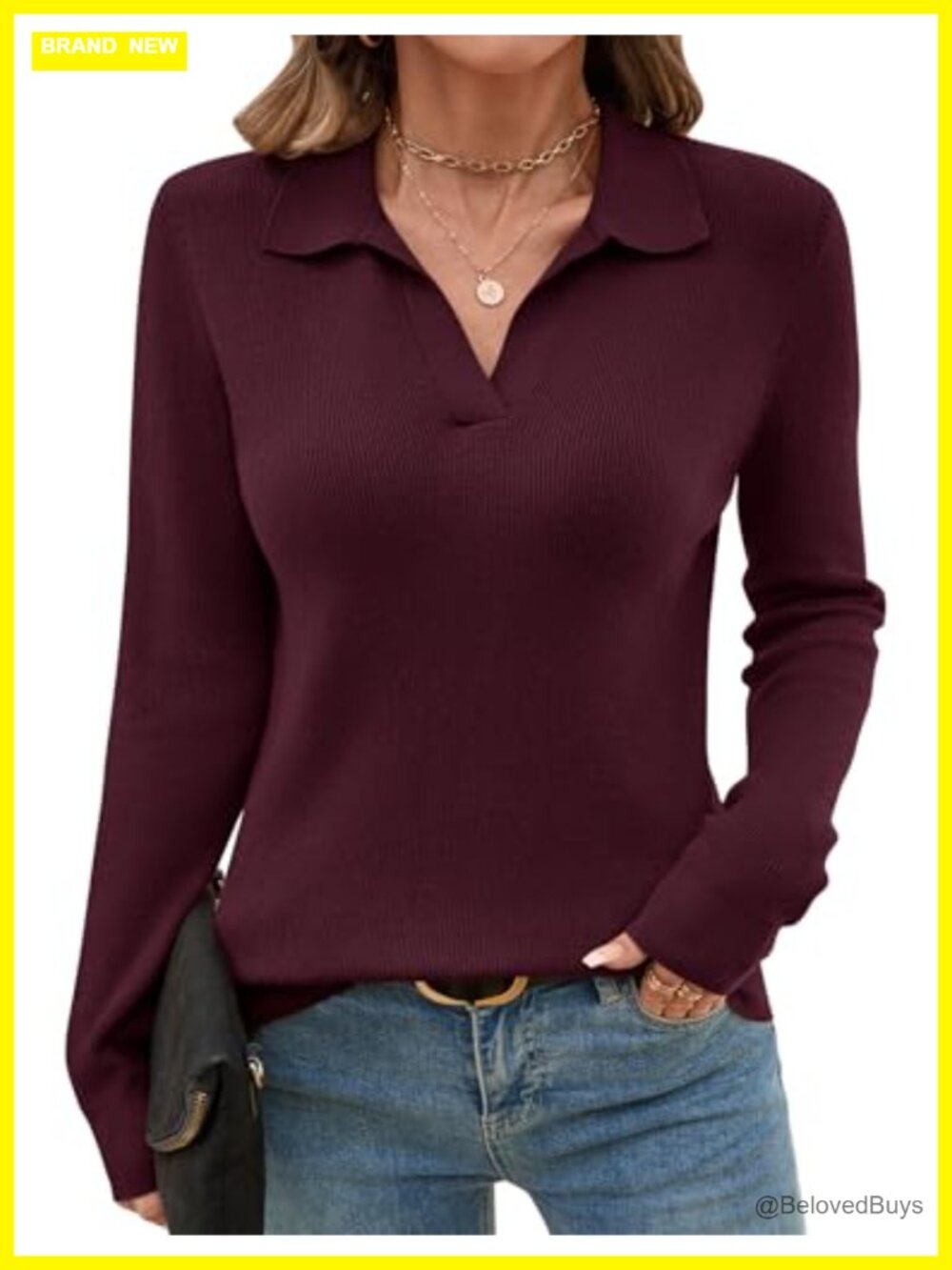 Knitted Collared Sweater Long Sleeve V-Neck Polo Pullover Top